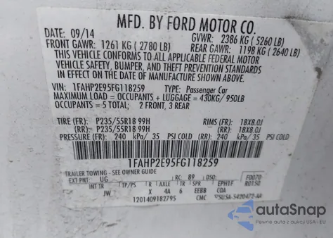 2015 Ford Taurus Sel из США, поврежденный, VIN 1FAHP2E95FG118259